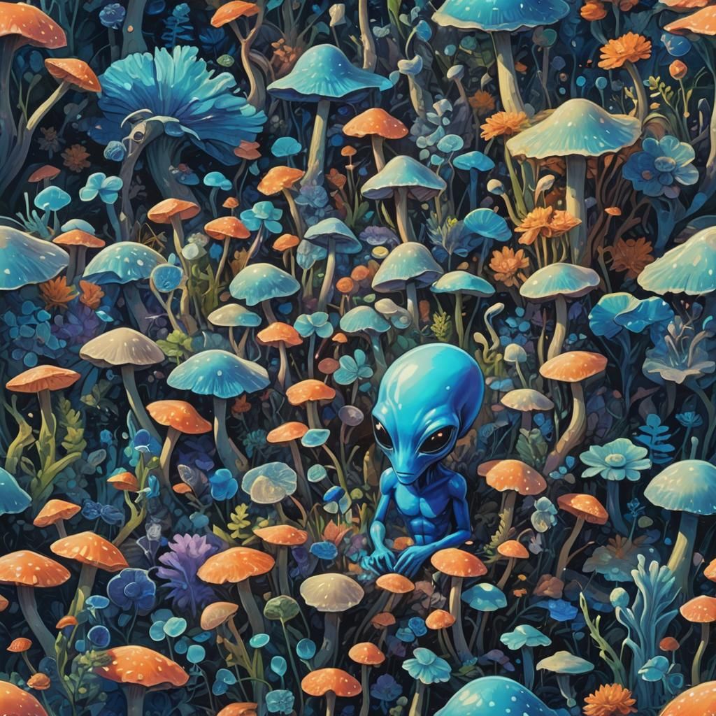 Blue Alien in Bioluminescent Flora: Abstract Expressionism