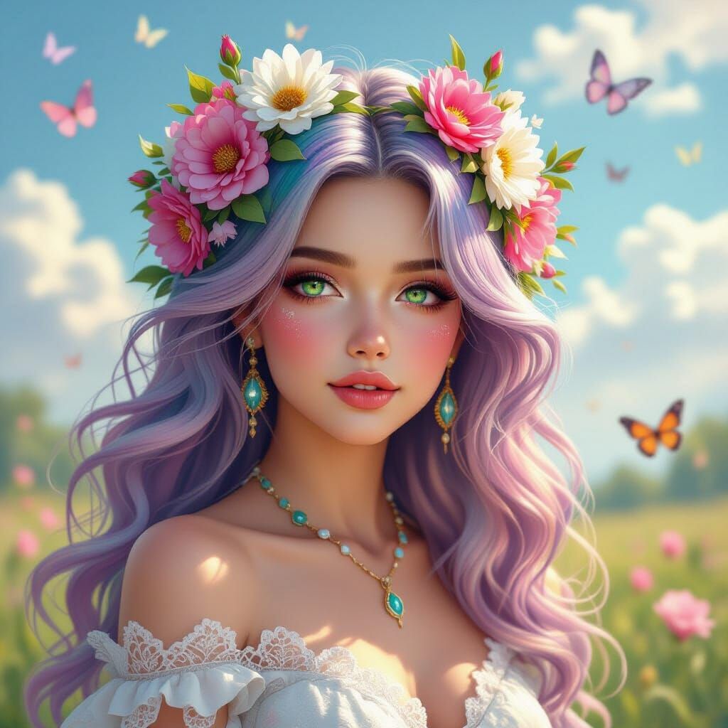 Goddess of Spring with Rainbow Hair and Floral Crown