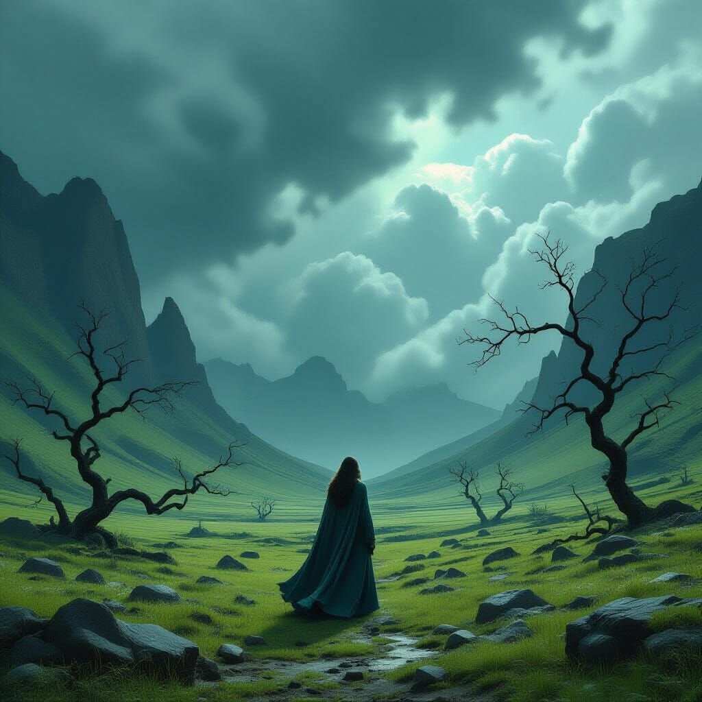 Desolate Valley: Woman Under Ominous Sky
