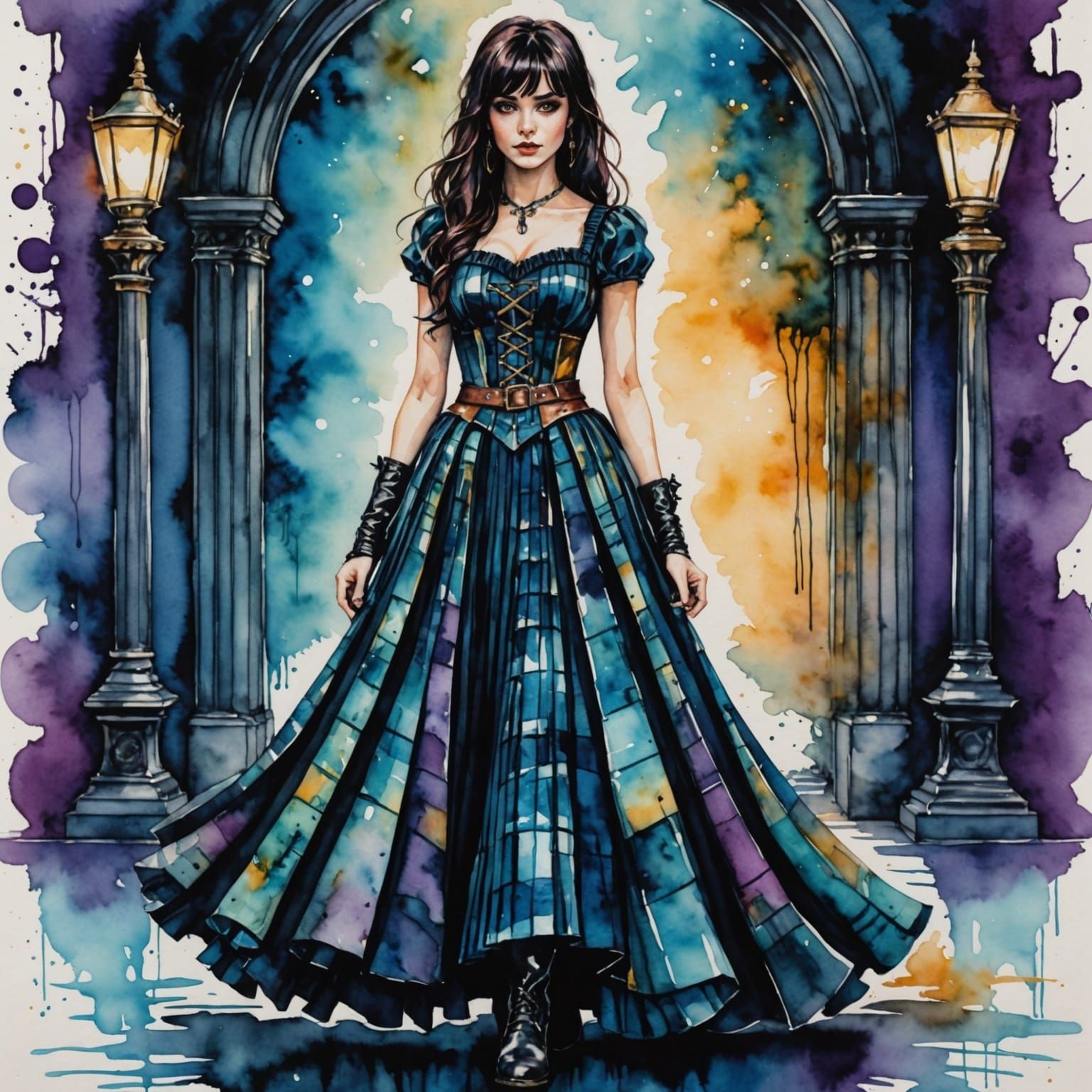 Gothic Ballroom Beauty in Pleated Gown and Combat Boots