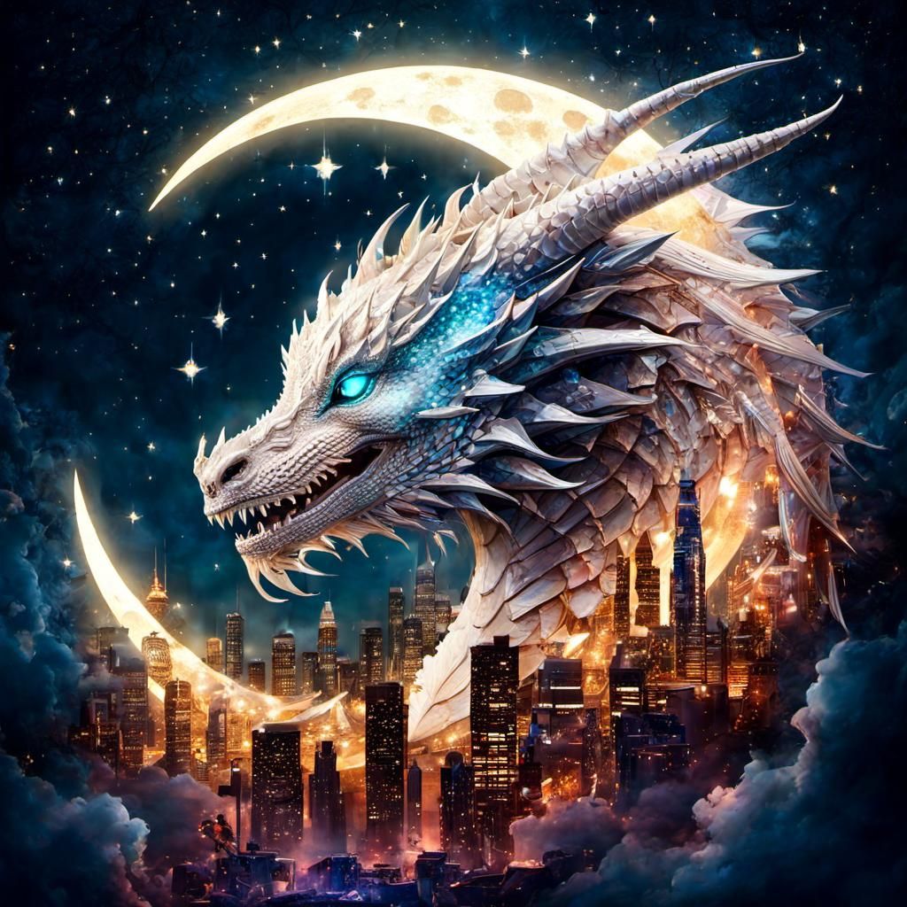 Dragon Portrait with Moonlit City, Anime Style