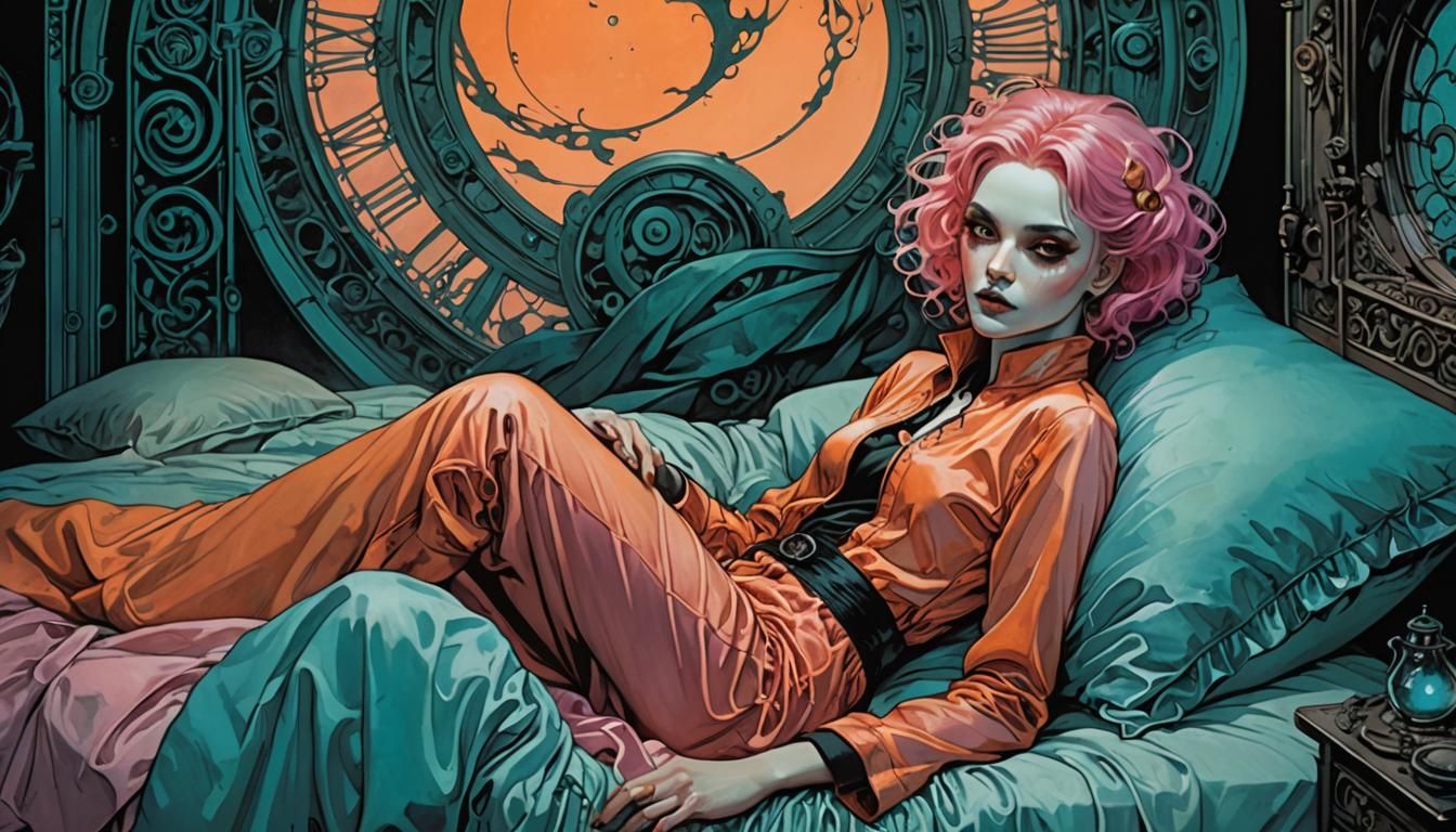 Gothic Woman with Pink Hair in Bed, in Gothic Art Style