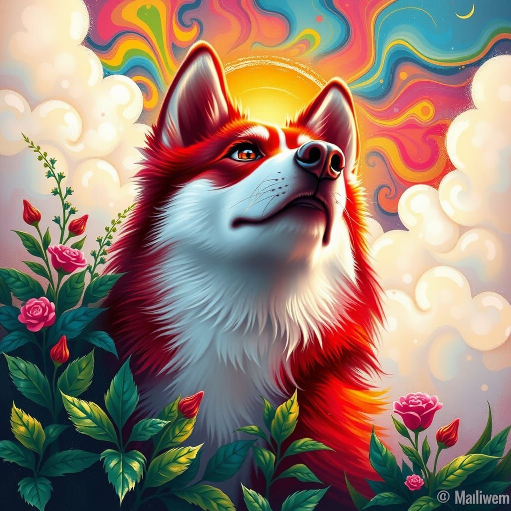 Whimsical Red Husky in Dreamy Pop-Surreal Style