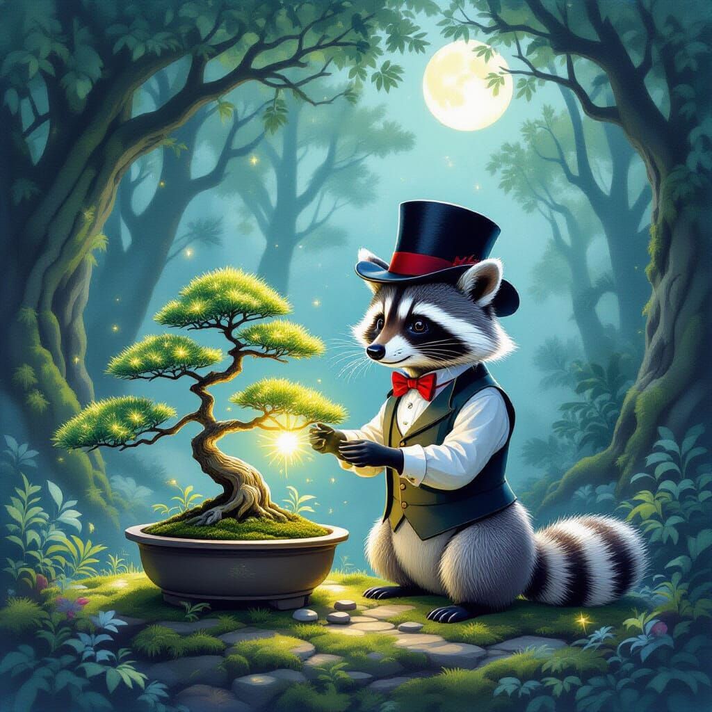 Raccoon Gardener in Enchanted Forest, Whimsical Surrealism