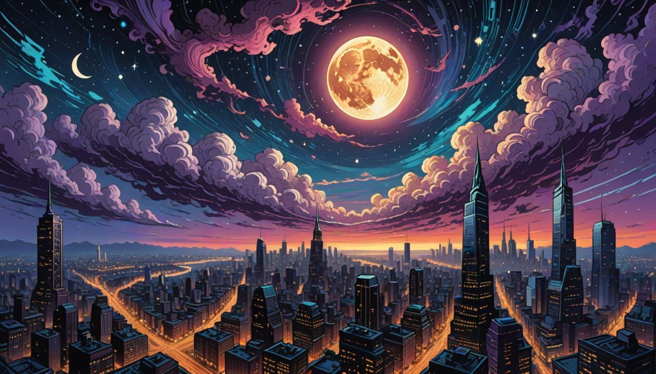 Vibrant Cityscape at Night in Swirling, Impasto Brushstrokes