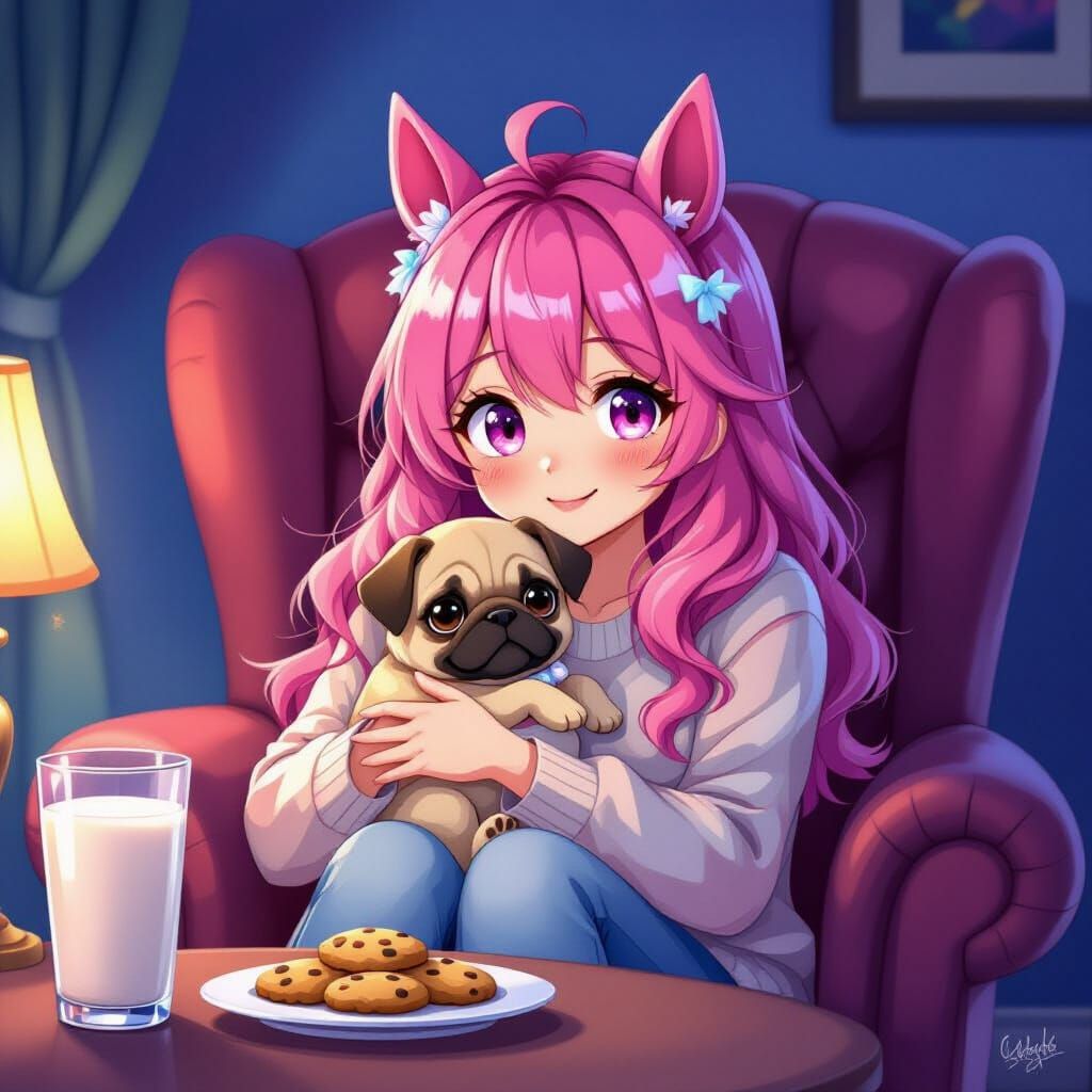 Anime Girl with Horse Ears Hugs Pug Puppy