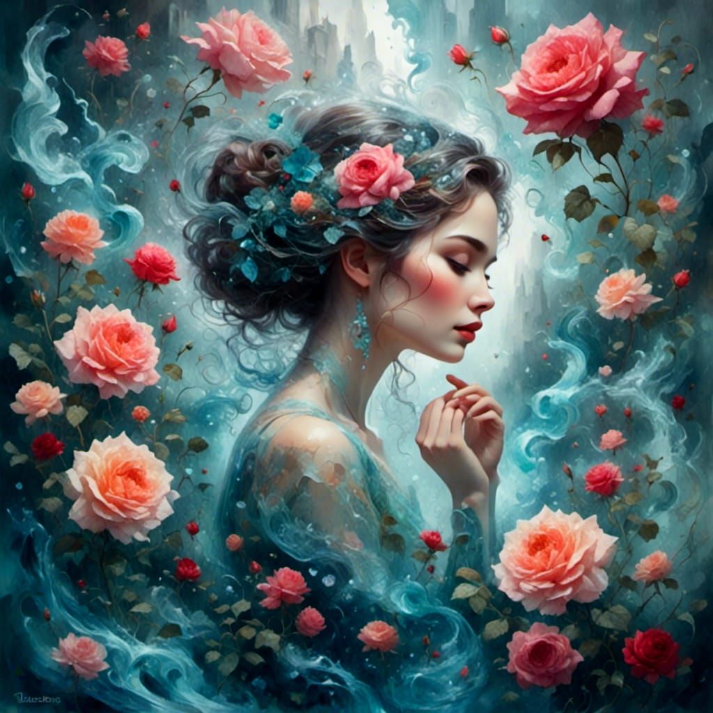 Double Exposure Collage Art of Woman and Roses