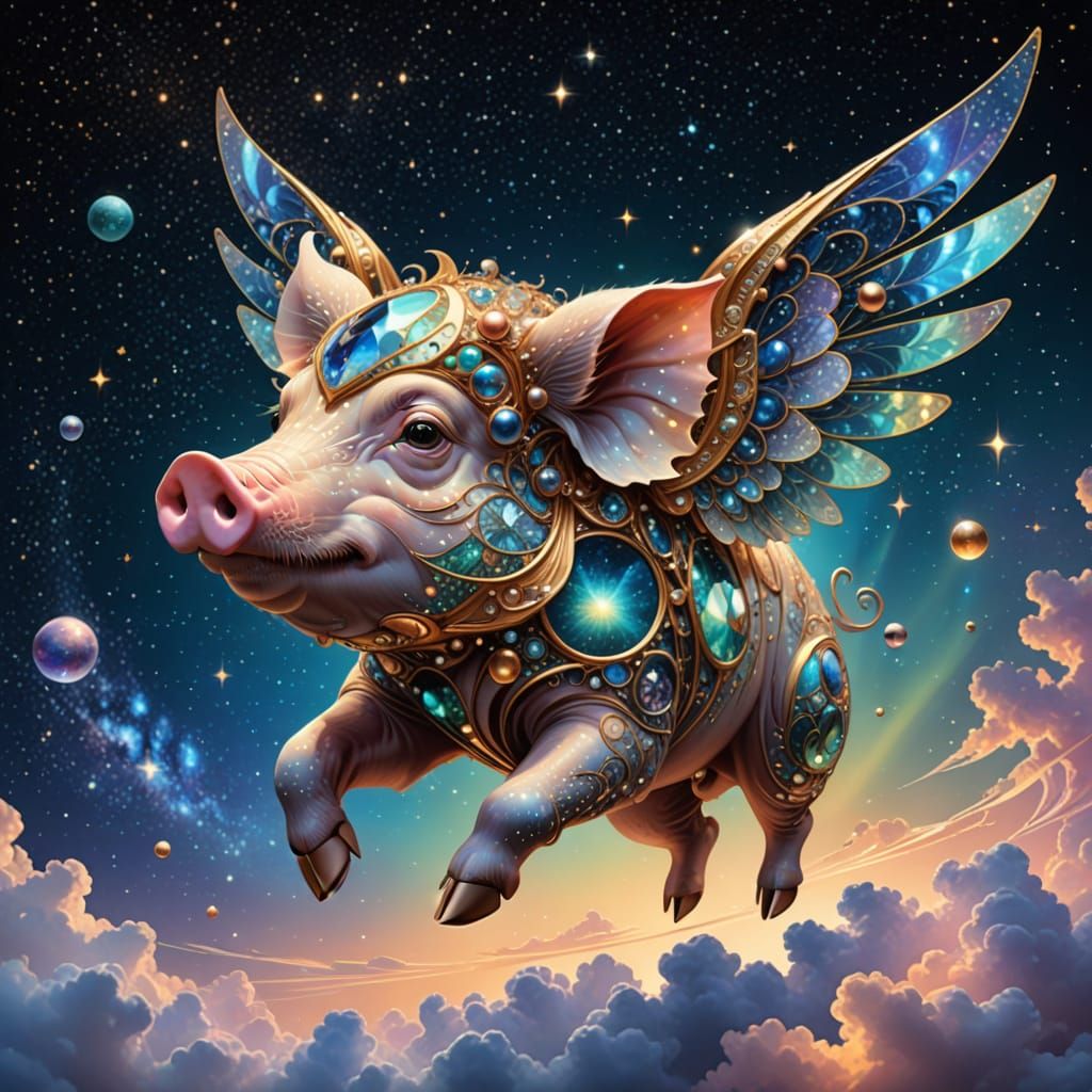 Cosmic Pig Takes Flight Through Iridescent Pearls