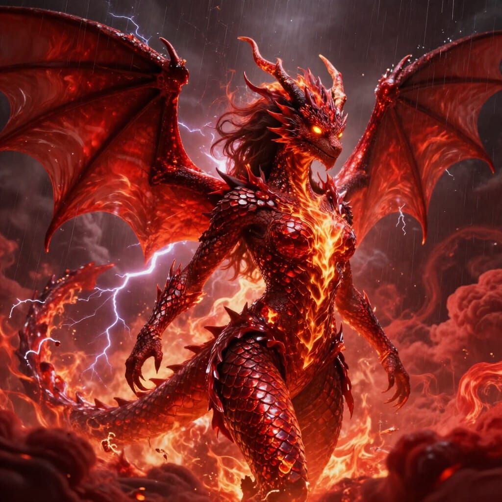 Dragon Woman in Crimson Tempest, Hyperrealistic Splash Art