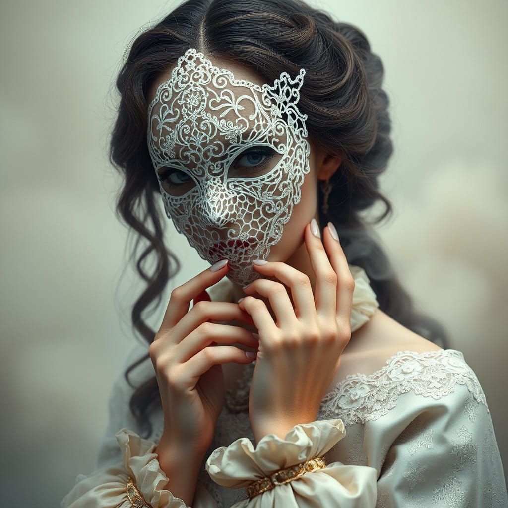 Elegant Woman in Whimsical White Mask, Soft Foggy Background