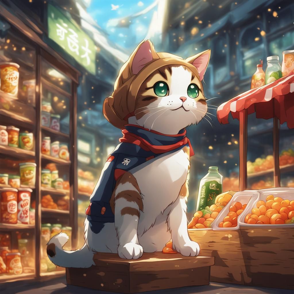 Cute Cat Ghost Shopping for Food in Anime Style