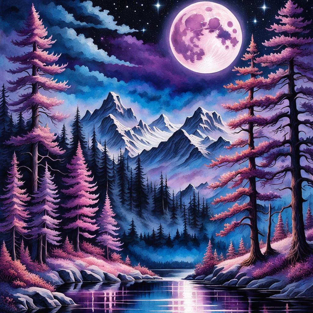Watercolor Lake Under Purple Moon with Stars