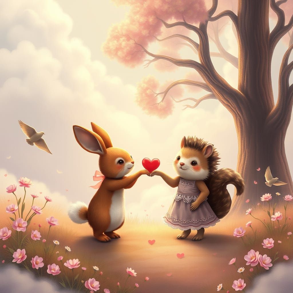 Whimsical Fantasy Valentine's Day Scene in Dreamy Pastel Hue...