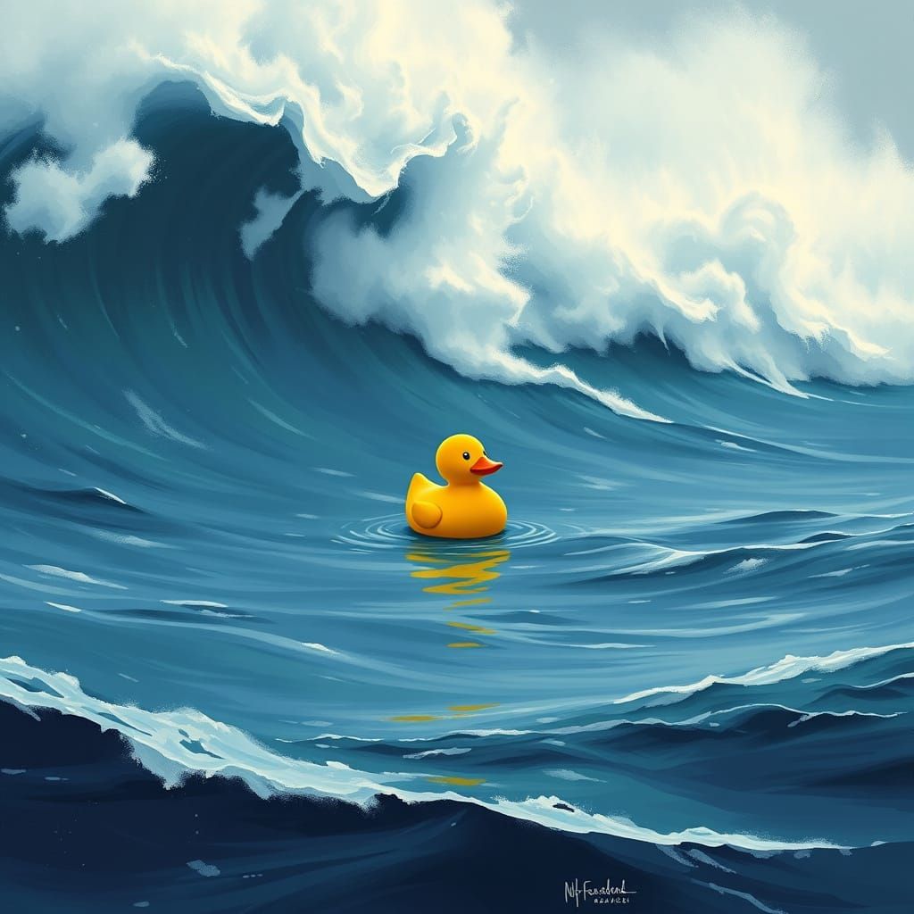 Vibrant Rubber Duck Amidst Turbulent Ocean Waves in Impressi...