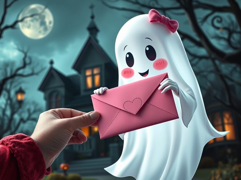 Cute Ghost Offers Heart Envelope at Haunted House
