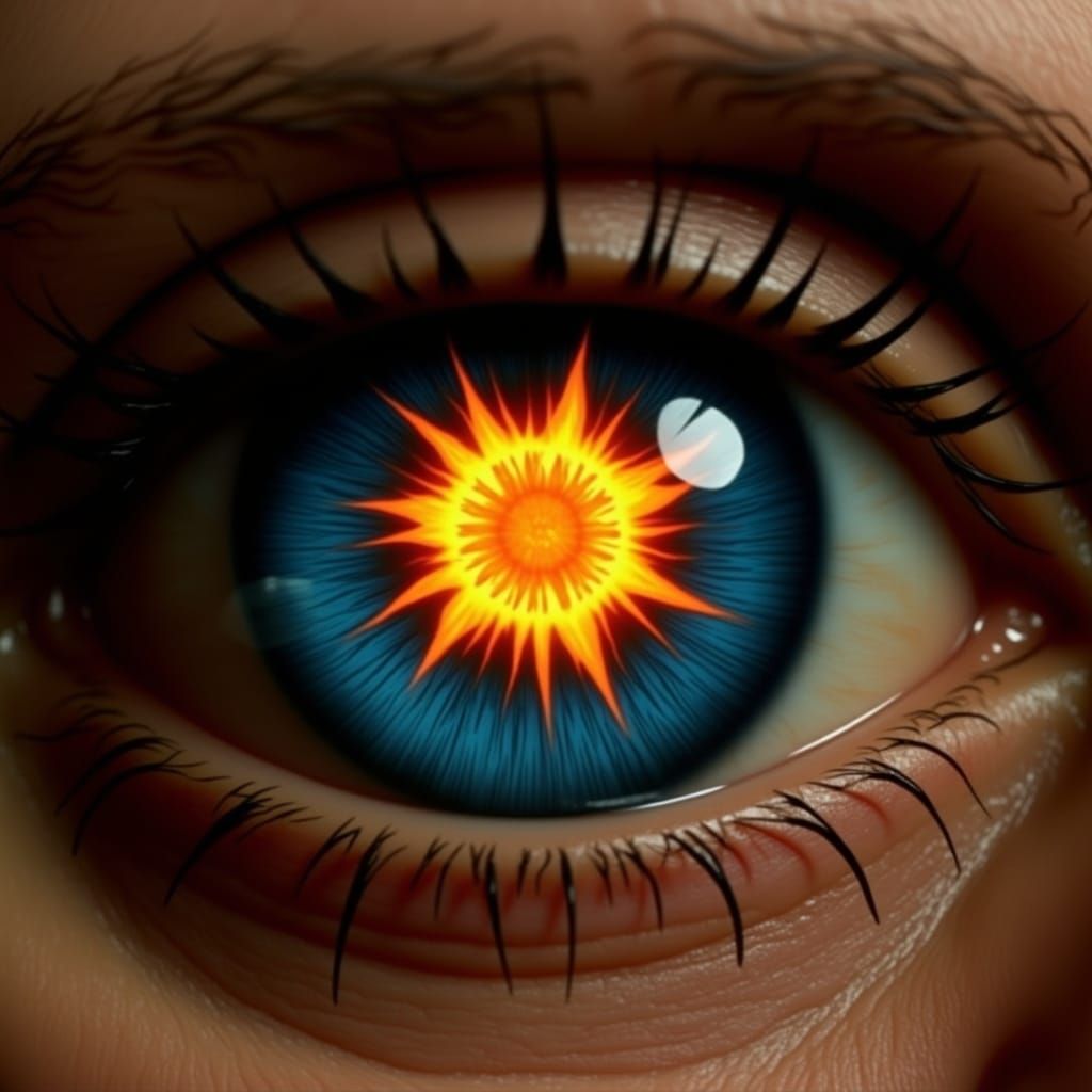 Crying Blue Eyes Reflect Exploding Sun, Cinematic Film Still