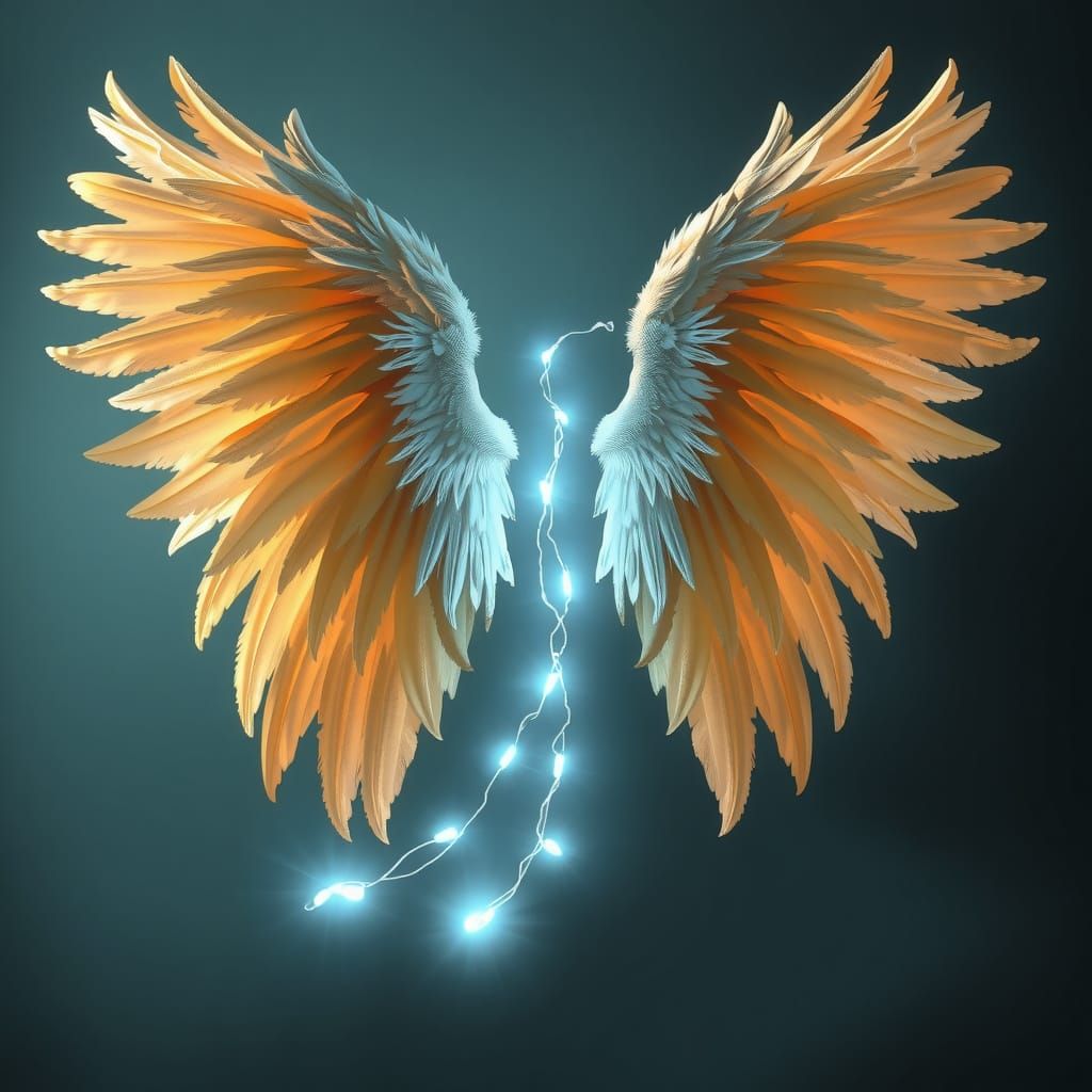 Photorealistic angel Light tendrils wings.