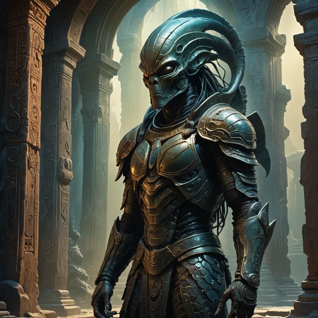 Alien Warrior in Ancient Temple, Digital Matte Painting