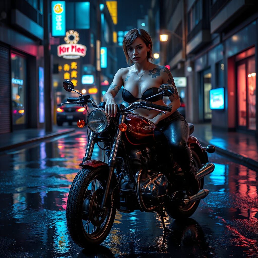 Rebellious Woman in Rain-Soaked Urban Alleyway, Cyberpunk St...