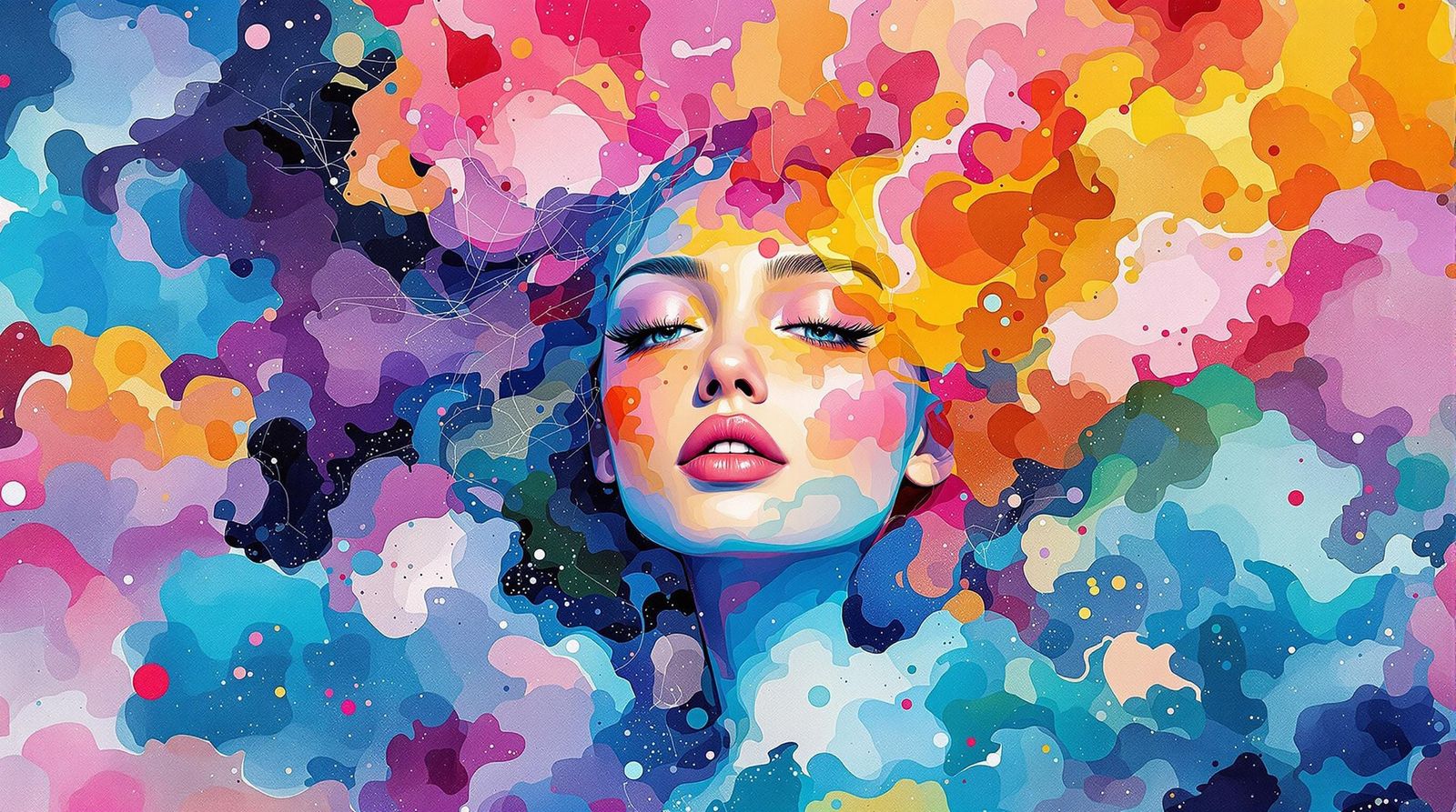 Whimsical Woman in Colorful Dreamscape as Watercolor Paintin...