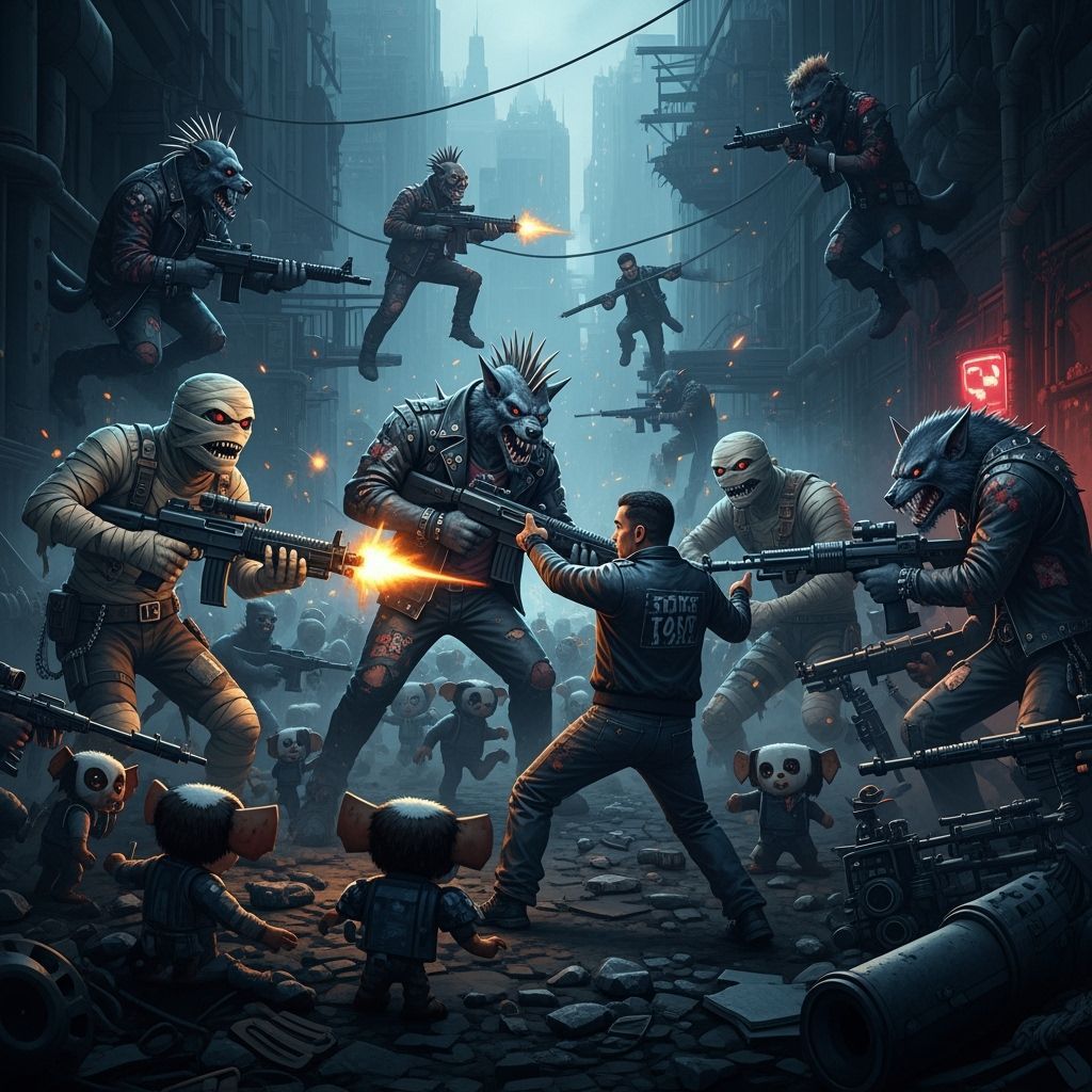 Pixel Gremlins Clash with Secret Service in Cyberpunk City