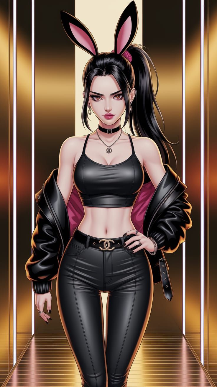 Gothic Anime Girl with Bunny Ears in Metallic Setting