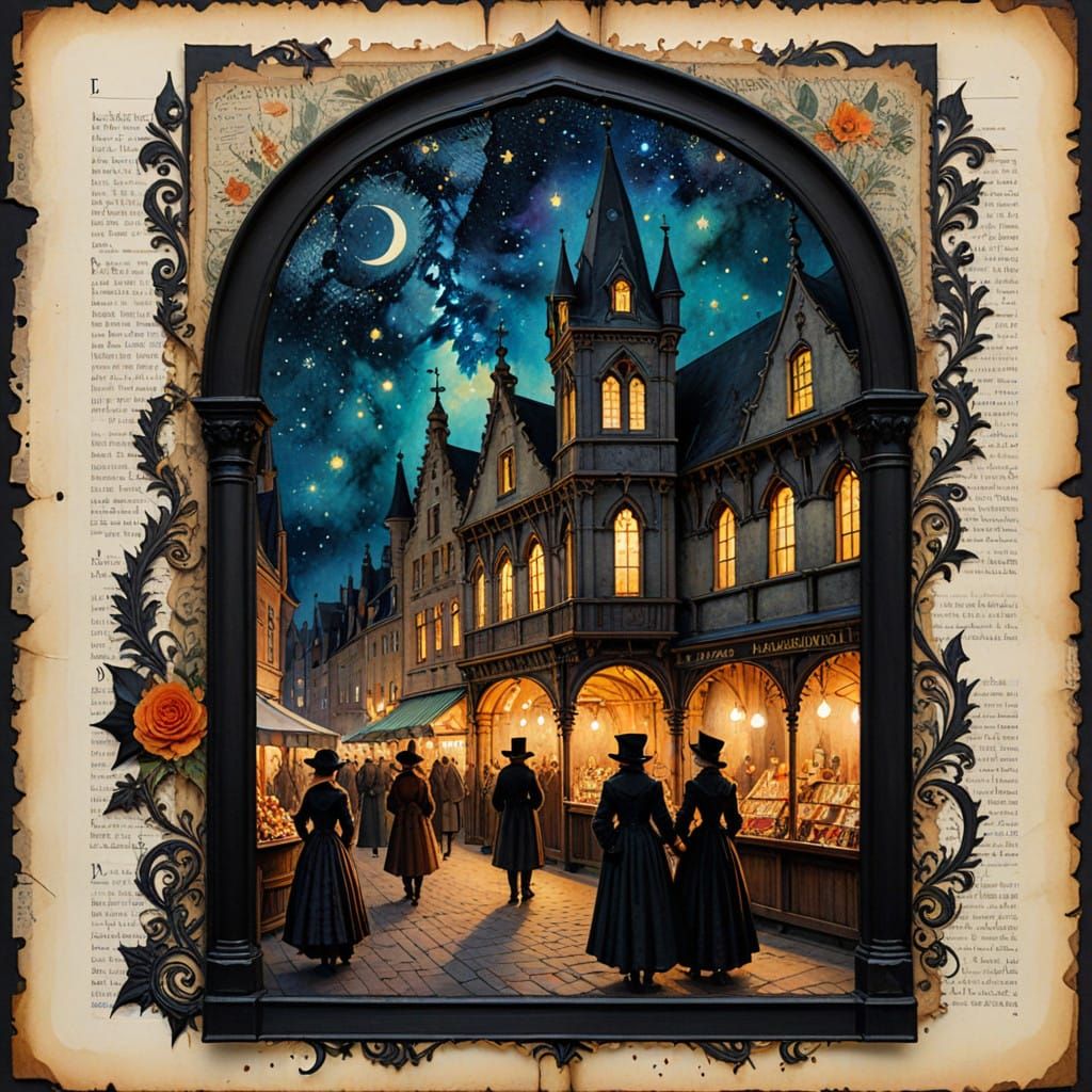 Whimsical Steampunk Night Market Scene