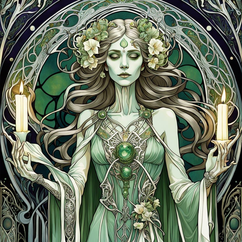 Art Nouveau Skeleton Goddess in Silver Robes