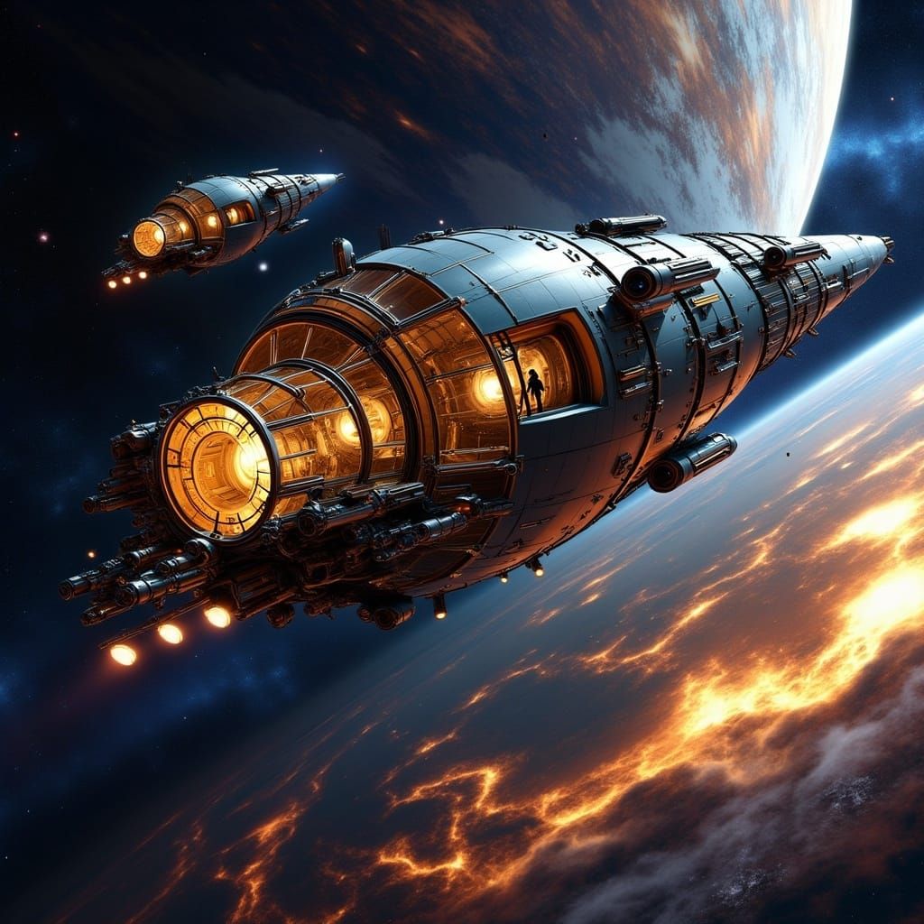 Epic Space Opera Giant Spaceship in Orbit Over Gaseous Plane...