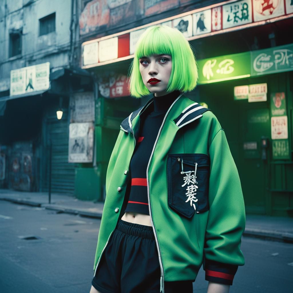 Green-Eyed Girl in Neon Atmosphere