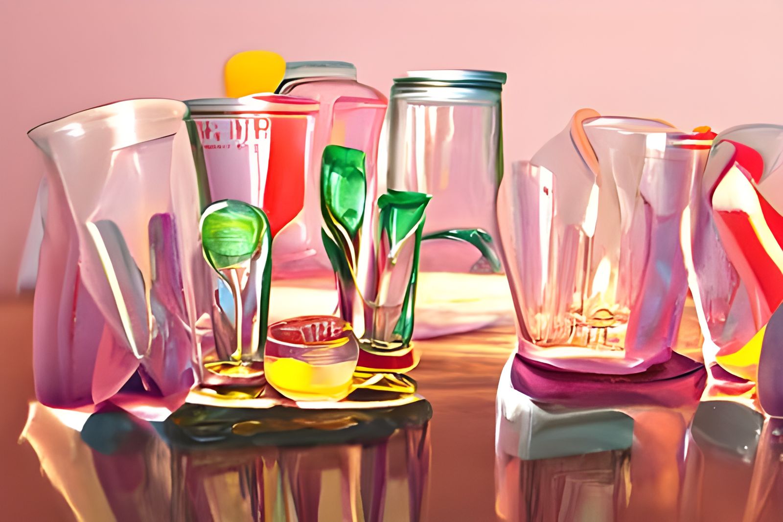 oil painting of a sunlit collection of depression glassware ...