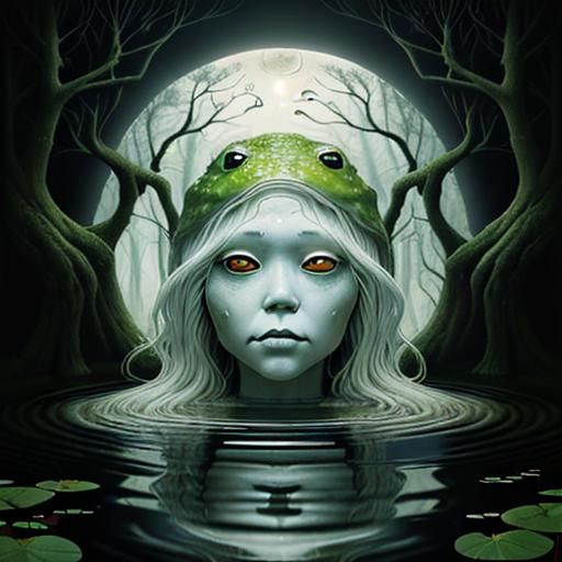Ethereal Face Emerges in Moonlit Frog Pond