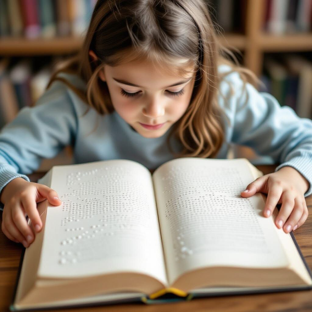 Girl Reads Braille Book with Raised Dots