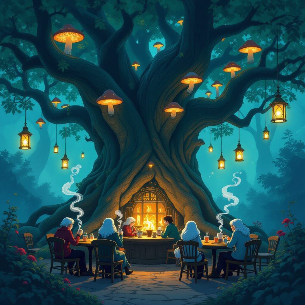 Magical Tree Root Café with Spectral Patrons and Floating La...