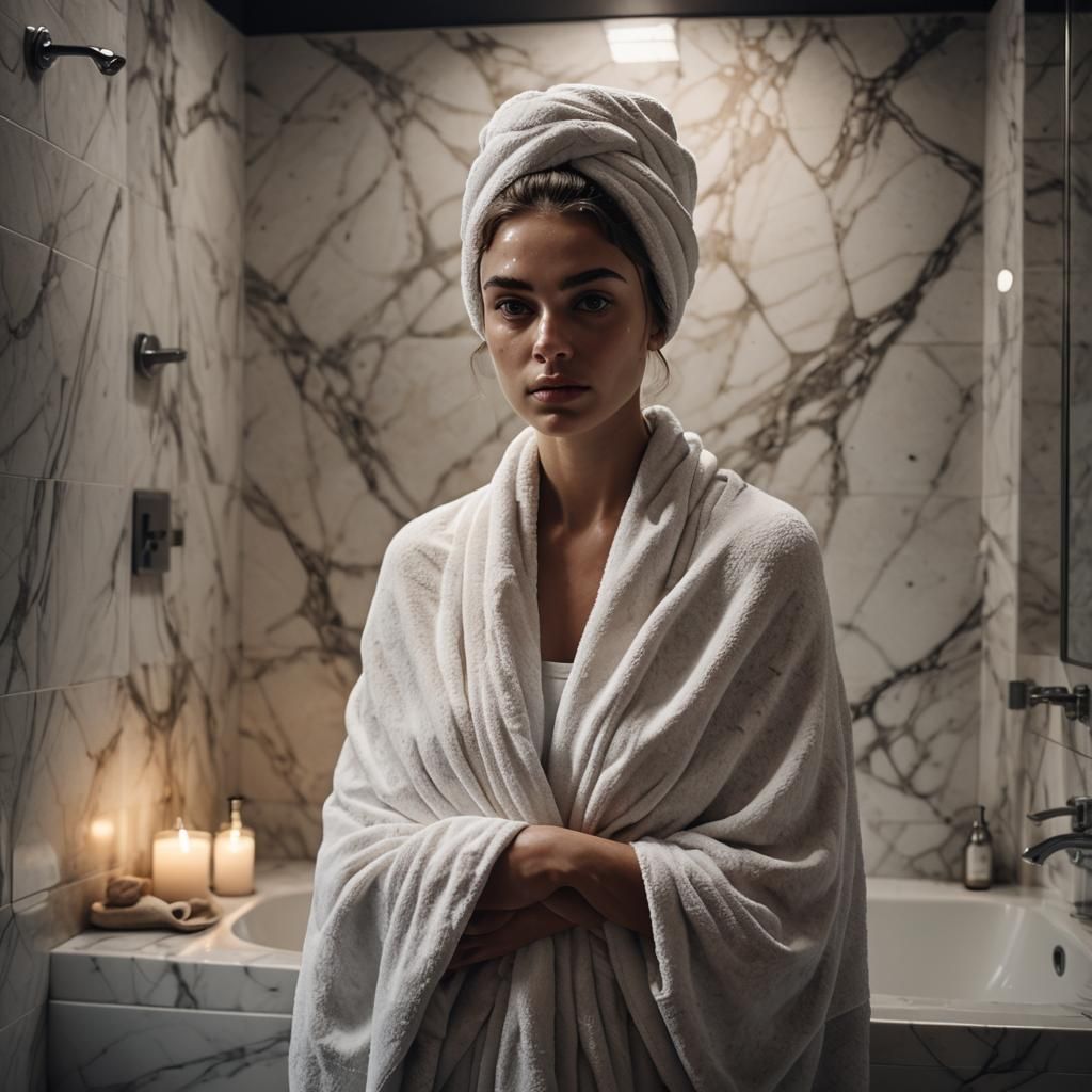 Elegant Woman in Marble Bathroom with Dramatic Lighting