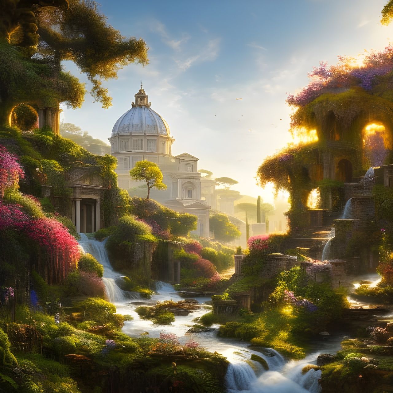 Overgrown Rome Landscape with Wildflowers and Waterfalls