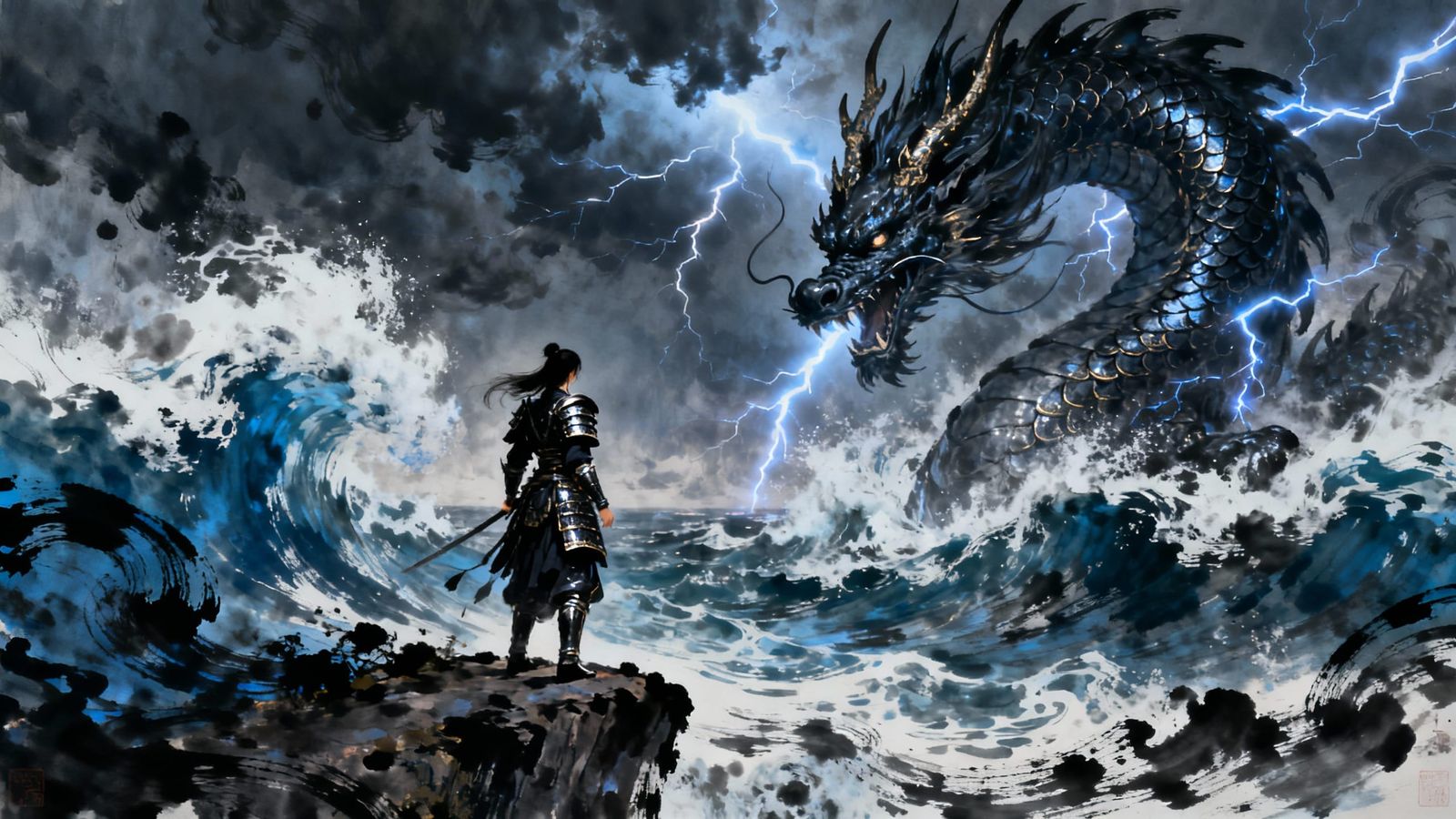Warrior Faces Colossal Dragon in Stormy Seas