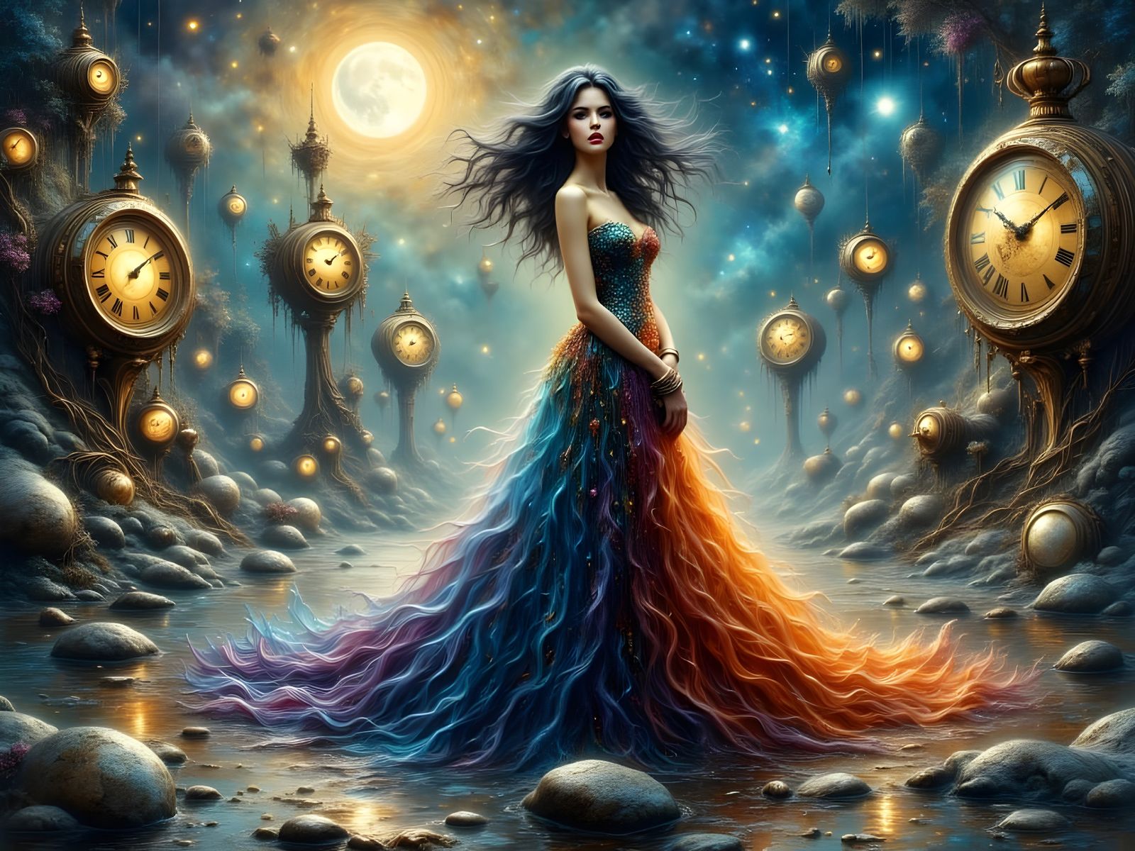 Supermodel in Shimmering Gown Amidst Surreal Melting Clock L...