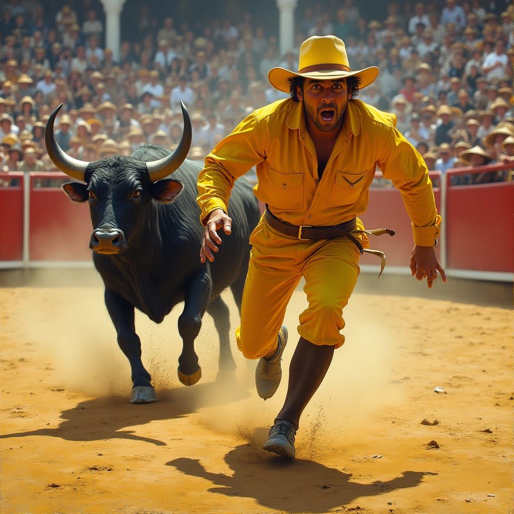 Farmer Thanos Fleeing a Charging Bull in a Sun-Drenched Bull...