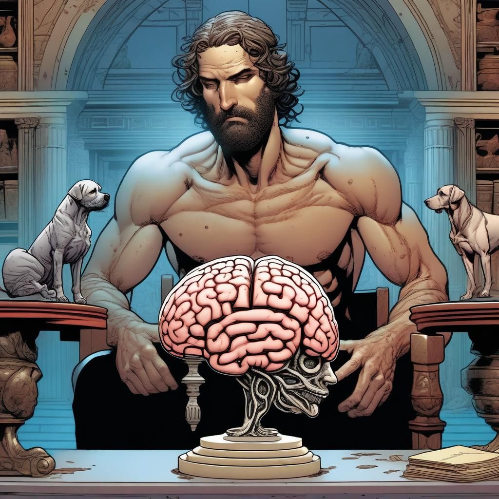 Ancient Greek Man with Brain Model, Comic Book Art