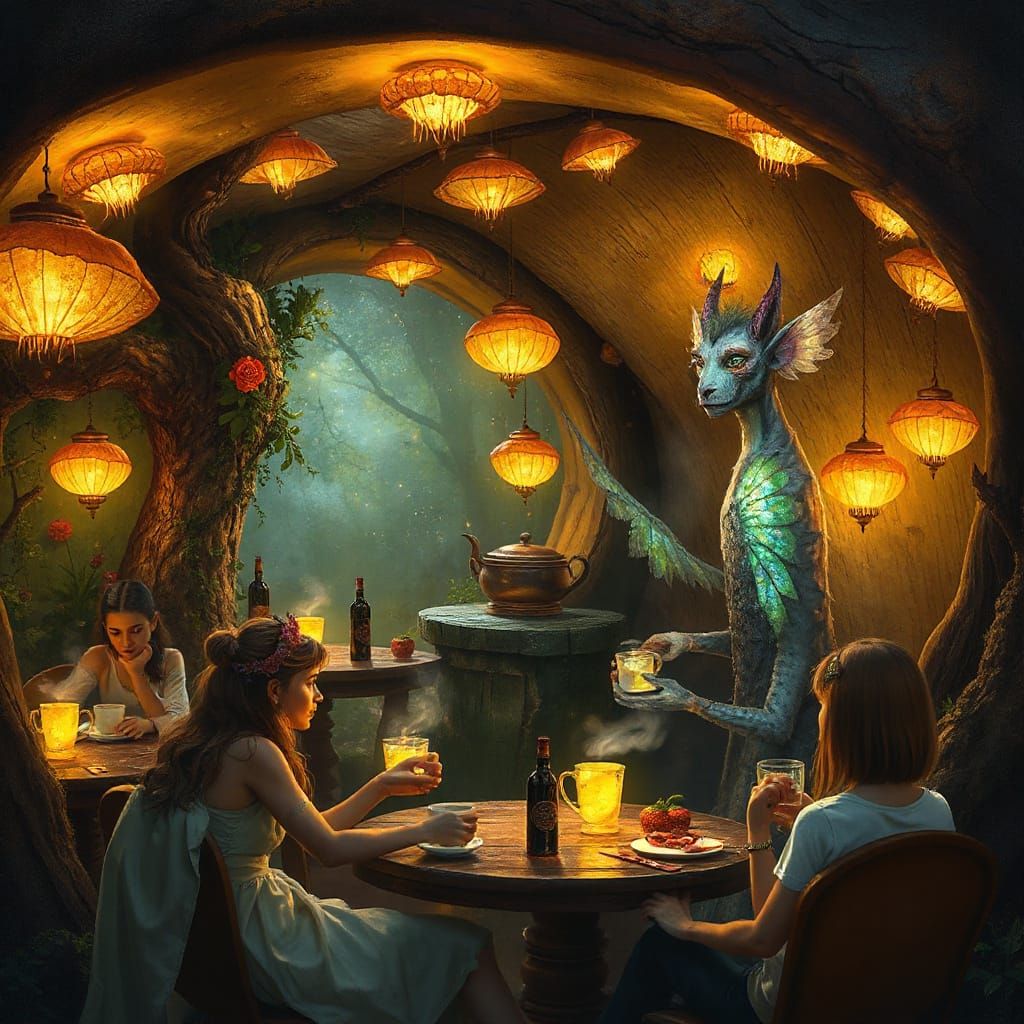 Enchanted Mushroom Cafe With Fae Patrons