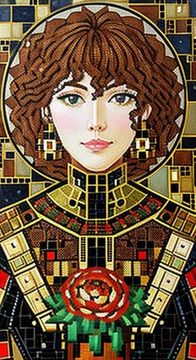 Steampunk Robot with Geometric Peonies in Klimt Style