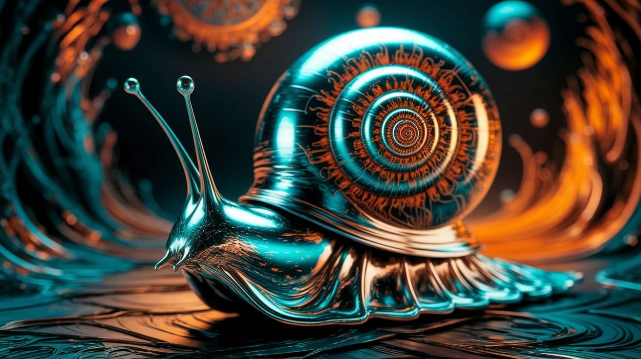 Psychedelic Chrome Snail in Vibrant Fantasy Landscape