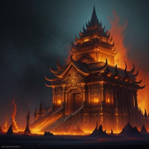 Inferno Engulfs Mystical Temple in Dark Fantasy Art