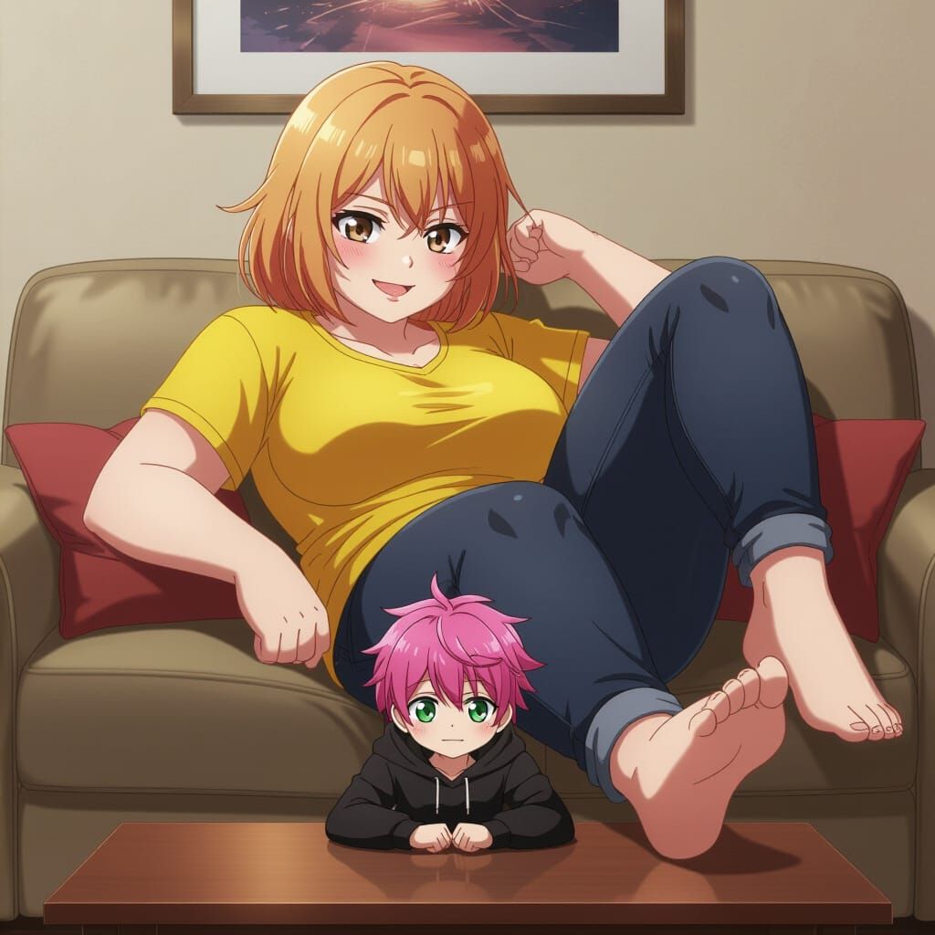 Giantess and Tiny Boy in Anime Art Style
