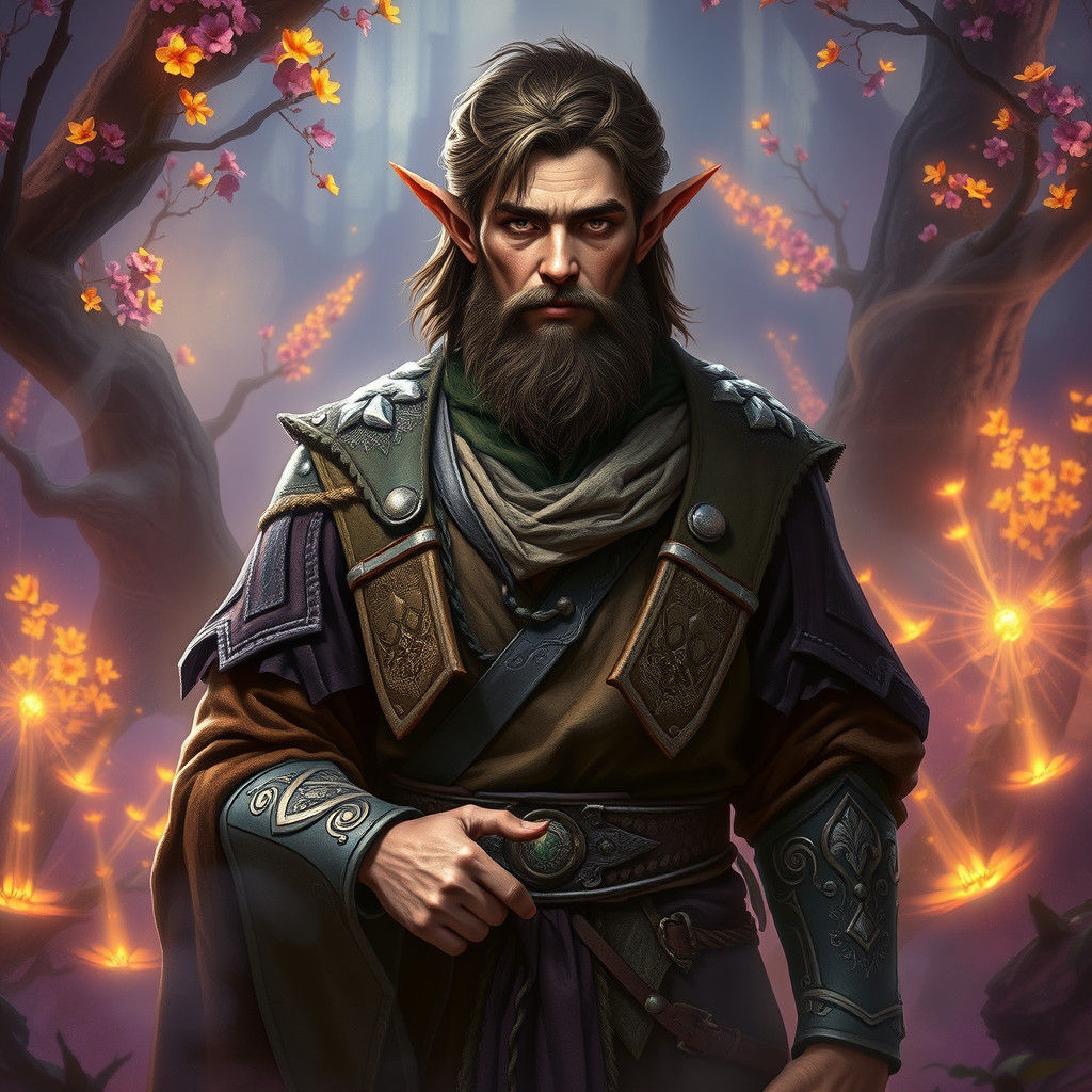 Mystical Farmer Eladrin in a Dark Fantasy Landscape
