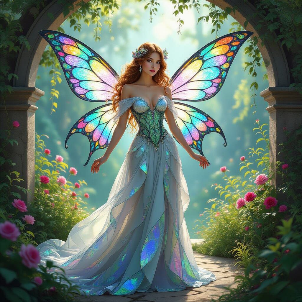 Mysterious Fairy in Stained Glass Gown, Embodiment of Growth