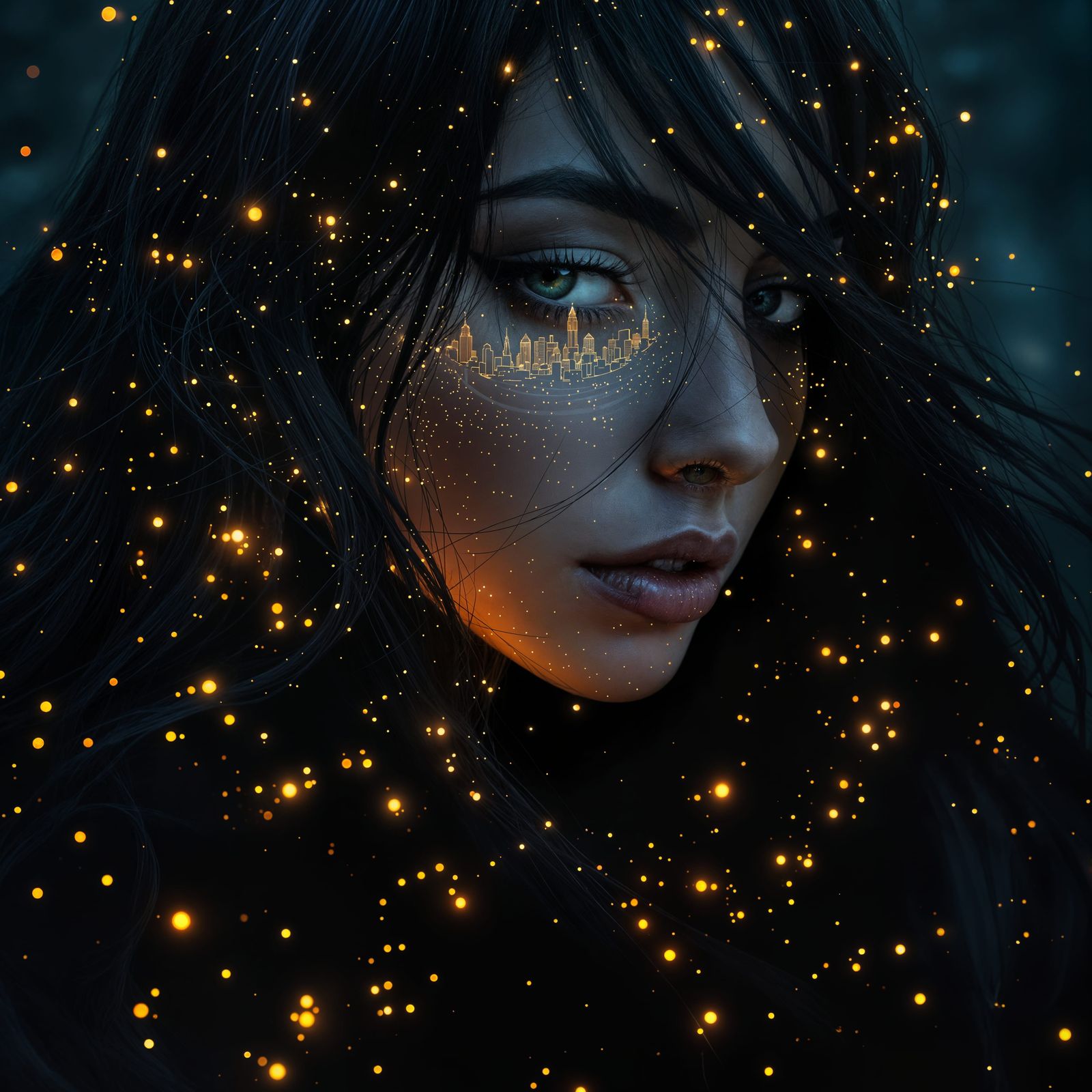 Surreal Portrait of a Woman with a City in Her Hair