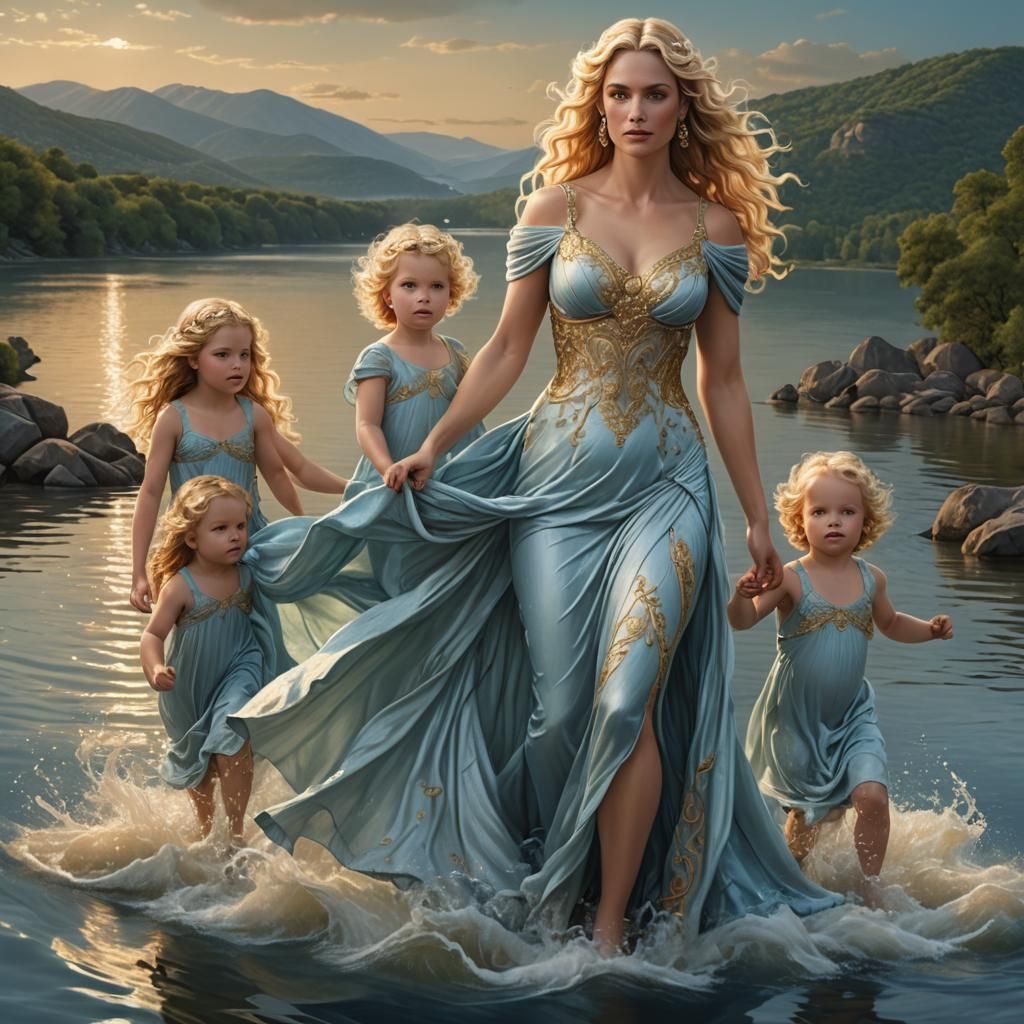 Goddess Aphrodite in a Baby Blue Evening Gown as Scenic Sain...