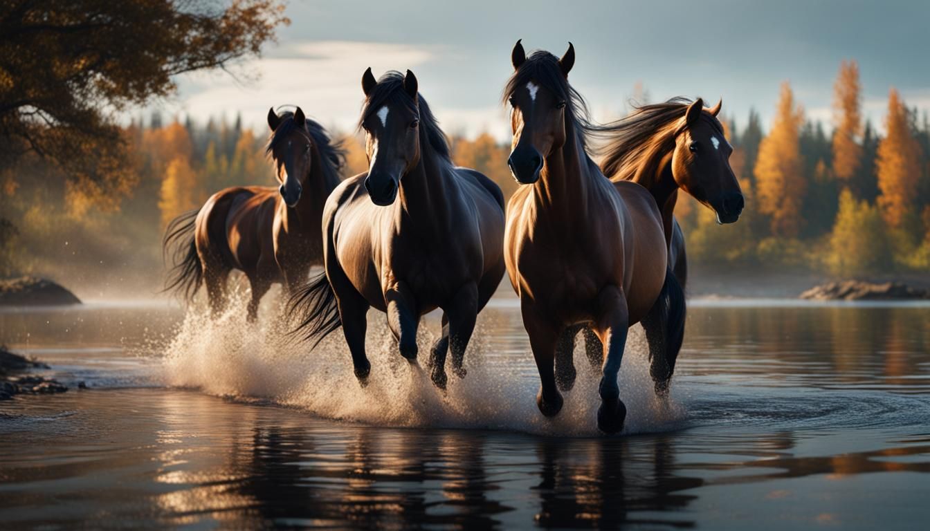 Horses in Lake: Hyperrealistic Cinematic Photography